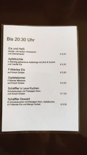 Dessert Menu. "Apfelküchle" are vegan if you swap the vanilla ice cream for mango sorbet. at Hotel Gasthof Schaeffler in Sonthofen