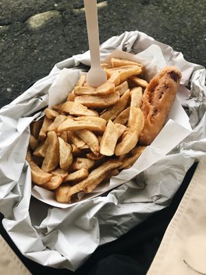 Chips and sausage at Walmer Fish & Chips in Deal