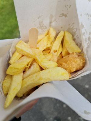 Vegan chips and Linda McCartney battered sausage £3.60 at Walmer Fish & Chips in Deal