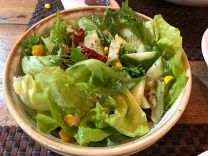 SideSalad-CrispyLettuce,SundriedTomatoes,Cucumber,Corn,Pomegranate,Dressing.  at Cafe 8.98 in Ao Nang