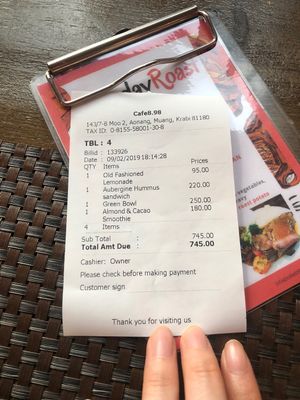 bill at Cafe 8.98 in Ao Nang