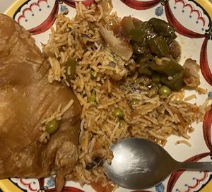 Samosa, biryani and bhindi  at Little Aladdin in Manchester