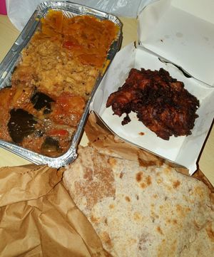 3 curries (cabbage, chickpeas, eggplant), onion bhaji, roti at Little Aladdin in Manchester