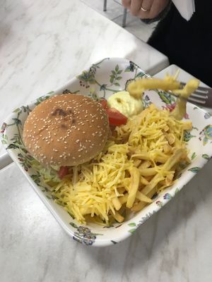 Veg Burger + chips with cheese at Little Aladdin in Manchester