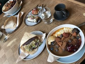 Buckwheat porridge, wrap and pies with espresso. at Toormoor Kohvik/Galerii in Tallinn
