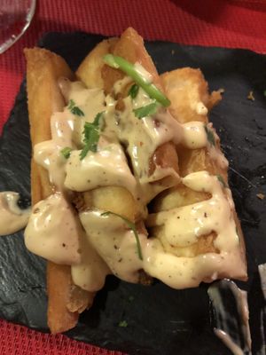 Yucca with vegan sauce at Andino Gastrobar in Malaga
