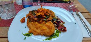 Vegan lentil steak, with sweet potato mash and vegetables. Absolutely delicious!! at Andino Gastrobar in Malaga