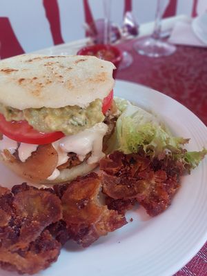 Vegan burger with plantain chips and vegan sauce! Yum at Andino Gastrobar in Malaga