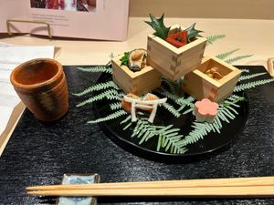 ‘Vegan fish’ on the left and caramel soy beans on the right. at Ise Sueyoshi in Tokyo