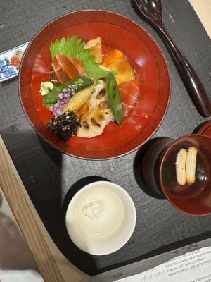 Rice bowl with vegetables and vegan tuna made from potato  at Ise Sueyoshi in Tokyo