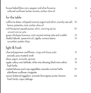 Menu fall 2021 at abcV in New York City