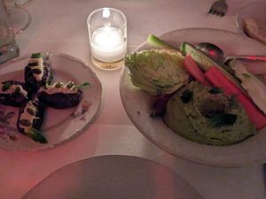 Dates (incredibly delicious) + Green Hummus (pretty delicious) at abcV in New York City