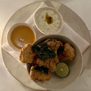 Cornmeal crusted maitake and king oyster mushroom  at abcV in New York City