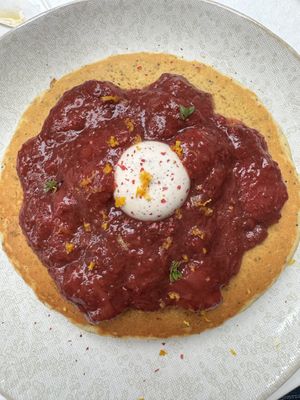 Semolina pancake with strawberry rhubarb  at abcV in New York City