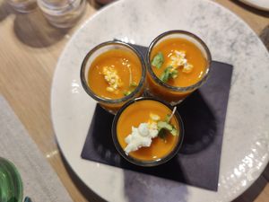 Welcome drink - Vegan pumpkin soup in a shot glass at Marco Polo in Dubrovnik