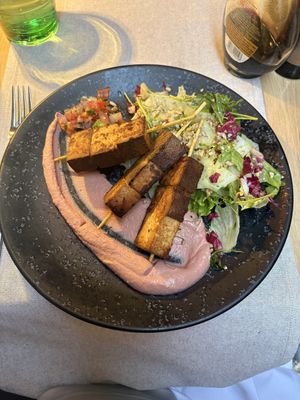 Smoked tofu with beetroot hummous  at Marco Polo in Dubrovnik