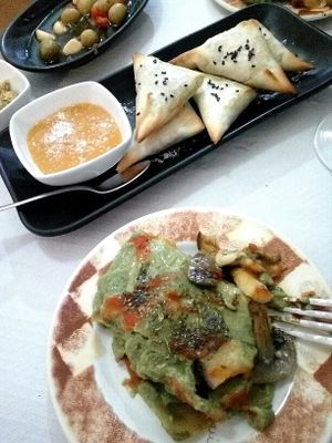 vegan lasagna and vegan samosas with chick peas at abok2 in Sevilla