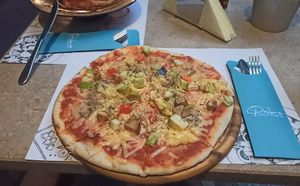 Vegan pizza with vegetables at Ombra Restaurant in Kotor