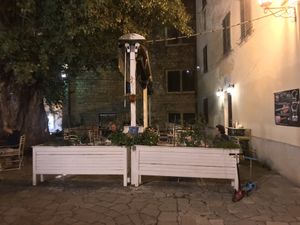 One of several dining areas near the landmark black poplar tree. at Ombra Restaurant in Kotor