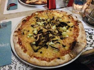 Vegan pizza with vegan cheese. at Ombra Restaurant in Kotor