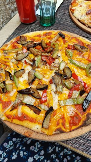 Vegan pizza at Ombra Restaurant in Kotor