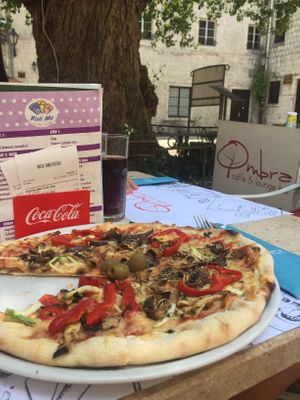 Vegan pizza at Ombra Restaurant in Kotor