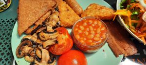 Baked beans, mushrooms, hashbrowns, bacon at The Retreat Animal Rescue Farm Sanctuary and Cafe in Ashford