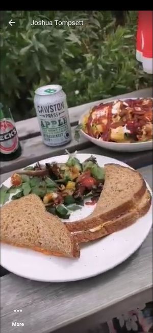 Rubbish quality because i screenshotted from a video. But my vegan  hommous and carrot sandwich with fresh salad. And the best vegan dirty fries I've ever tasted. at The Retreat Animal Rescue Farm Sanctuary and Cafe in Ashford