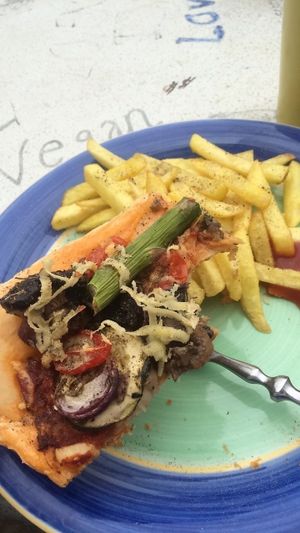 Roasted vegetable pizza with chips (note this was a special, which changes each week) at The Retreat Animal Rescue Farm Sanctuary and Cafe in Ashford