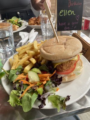 Chicken Kind Burger (With added halloumi)  at The Retreat Animal Rescue Farm Sanctuary and Cafe in Ashford