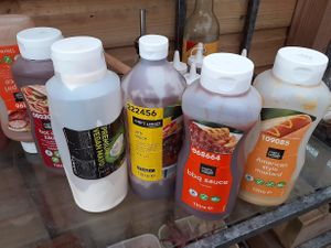 SAUCES!!! there were 3 vegan mayos circling around so that was bliss. at The Retreat Animal Rescue Farm Sanctuary and Cafe in Ashford