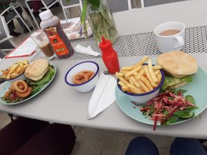 The moving mountains burger, chips, salad and onion rings. Delish! at The Retreat Animal Rescue Farm Sanctuary and Cafe in Ashford