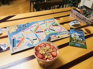 Strawberry shortcake bowl, great space to play a short board game    at Juicekeys in Raleigh