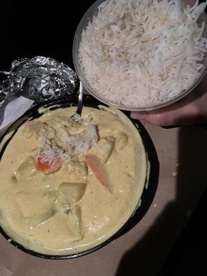 Coconut vegetable with white rice (eaten in my car)  at Mint Indian Cuisine  in Boone