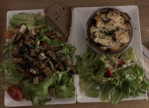 Salat with mushrooms and tofu, moussaka   at Dreizehn in der Muehle in Augsburg