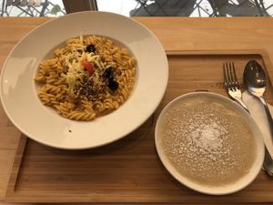 Soup and large portion of pasta at Madal Food in Budapest