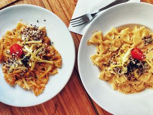 pasta with cashew cream (top) & sundried tomato pesto at Madal Food in Budapest