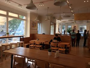 Big space for coffee, working, eating at Madal Food in Budapest