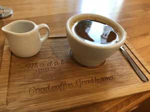 Coffee and oat milk  at Madal Food in Budapest