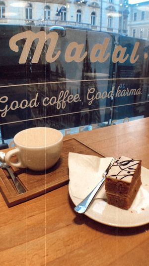 Carrot cake and vanilla chai latte at Madal Food in Budapest