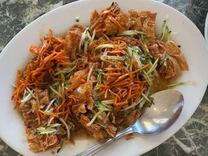 Golden Bean Curd w/Carrots, Zucchini, & Plum Sauce at Jyun Kang Vegetarian Restaurant in Ukiah