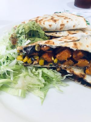 Sweet potato and black bean quesadilla  at Taco Ocho in Frisco