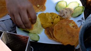 international platter: mango chutney, spicy red pepper chutney, vegan paneer, potato and corn cakes at ChocolaTree Organic Oasis in Sedona