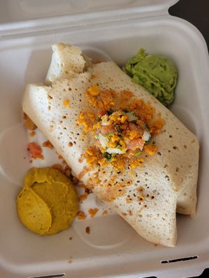 Vegan bean burrito with side of guac at ChocolaTree Organic Oasis in Sedona
