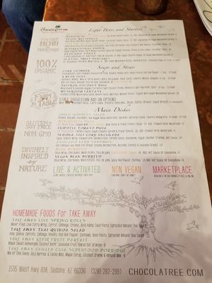Menu at ChocolaTree Organic Oasis in Sedona
