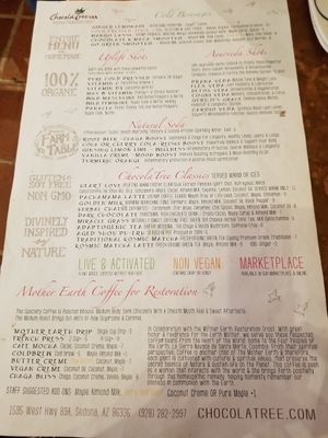 Menu at ChocolaTree Organic Oasis in Sedona