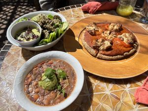 All vegan: Green goddess salad, bean chili, chipotle tomato pizza pie   at ChocolaTree Organic Oasis in Sedona