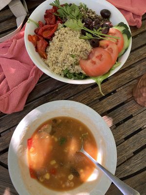 Meditatranean salad and corn chowder  at ChocolaTree Organic Oasis in Sedona