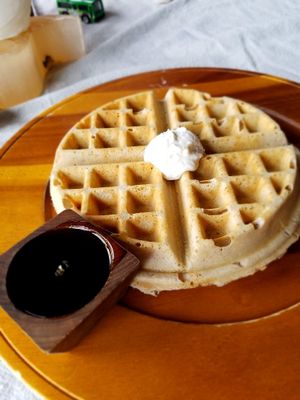 Waffle- good for the money, nice macadamia butter and great syrup. Waffle is a bit bland itself but still worth getting. Maybe better upgraded with toppings. at ChocolaTree Organic Oasis in Sedona