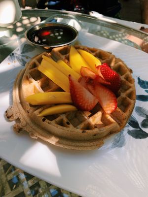 vegan waffles with fruit 😻 at ChocolaTree Organic Oasis in Sedona